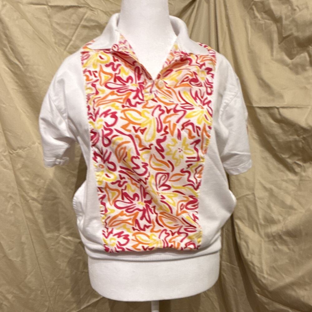 Lavon White Short Sleeve Polo Shirt with Abstract Floral Panel Pockets 90s Retro